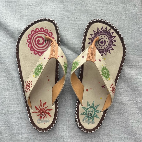 Calceo Shoes - Women's Calceo Colorful Sun Bohemian Vegan Turkish Flip Flops, Size 37/6.5